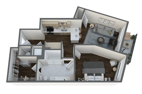 Floor plan for 1 bed, 1 bath, 744 sqft